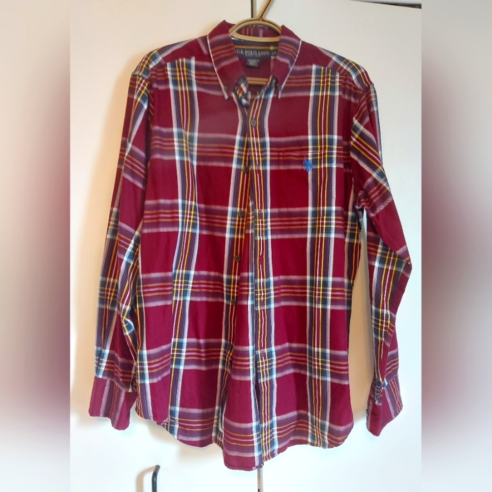 Men's U.S. Polo Assn. M Cotton Blend Button Up Dress Shirt Plaid Burgundy